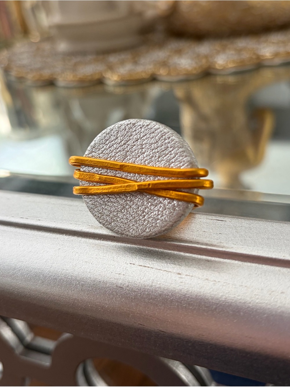 New: Silver Pebbled Leather Gold Wrapped 2” Statement Ring, Adjustable